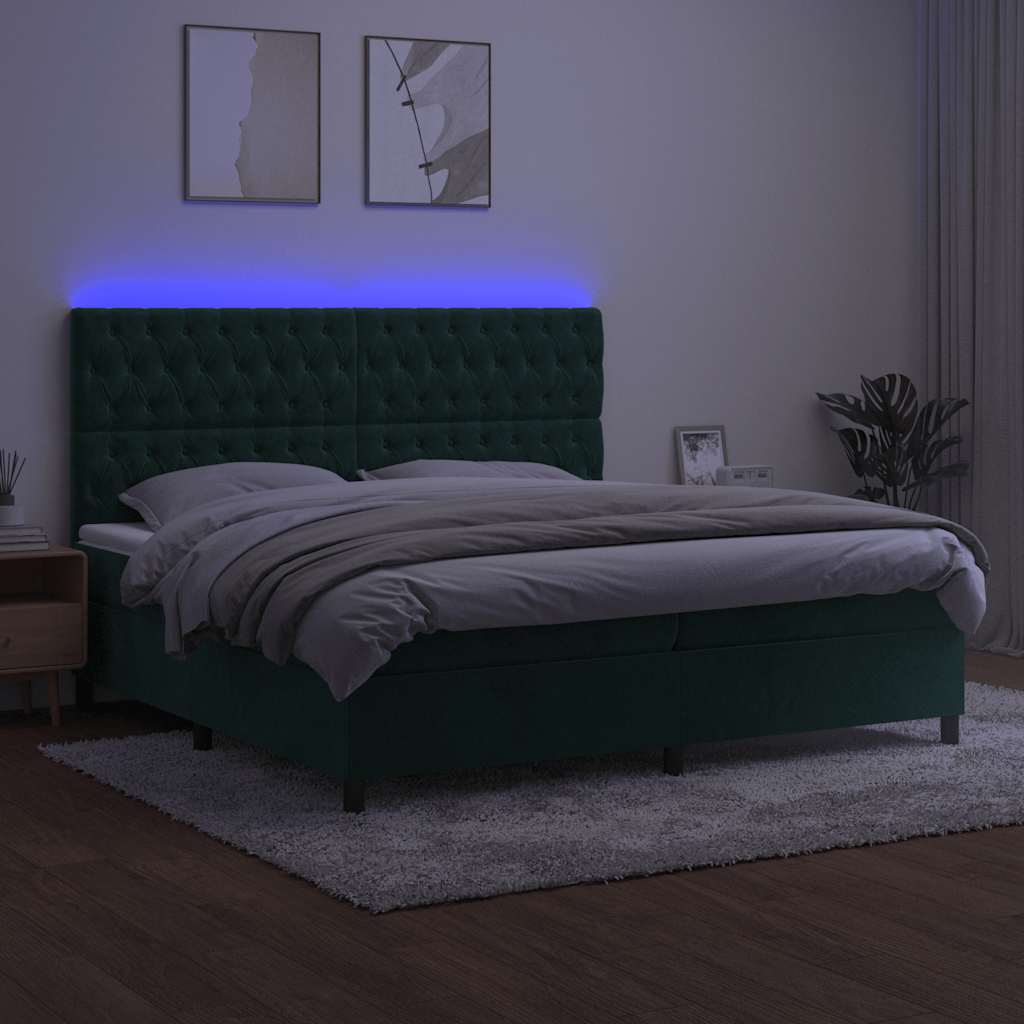 Krevet box spring s madracem LED tamnozeleni 200x200 cm baršun