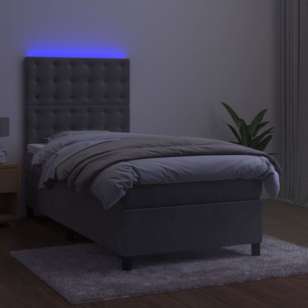 Krevet box spring s madracem LED svjetlosivi 90x190 cm baršun