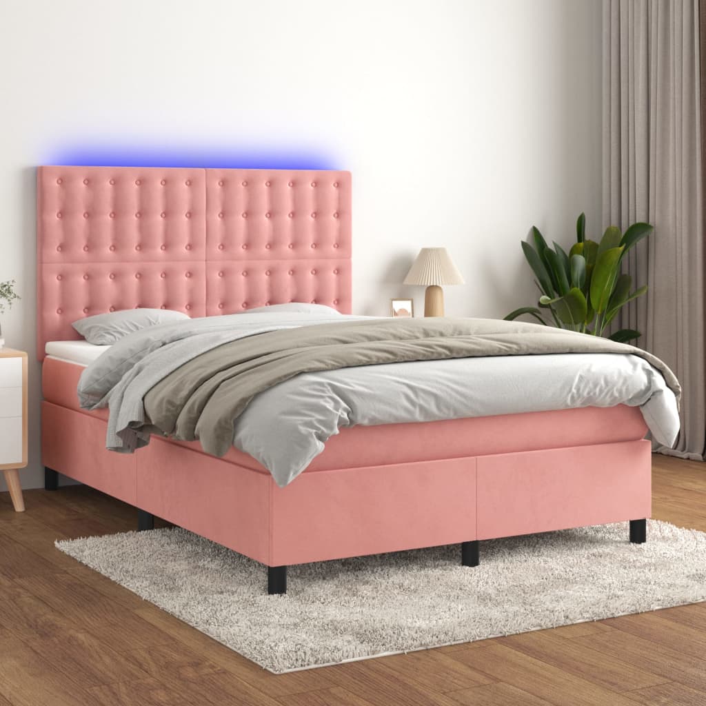 Krevet box spring s madracem LED ružičasti 140x190cm baršunasti