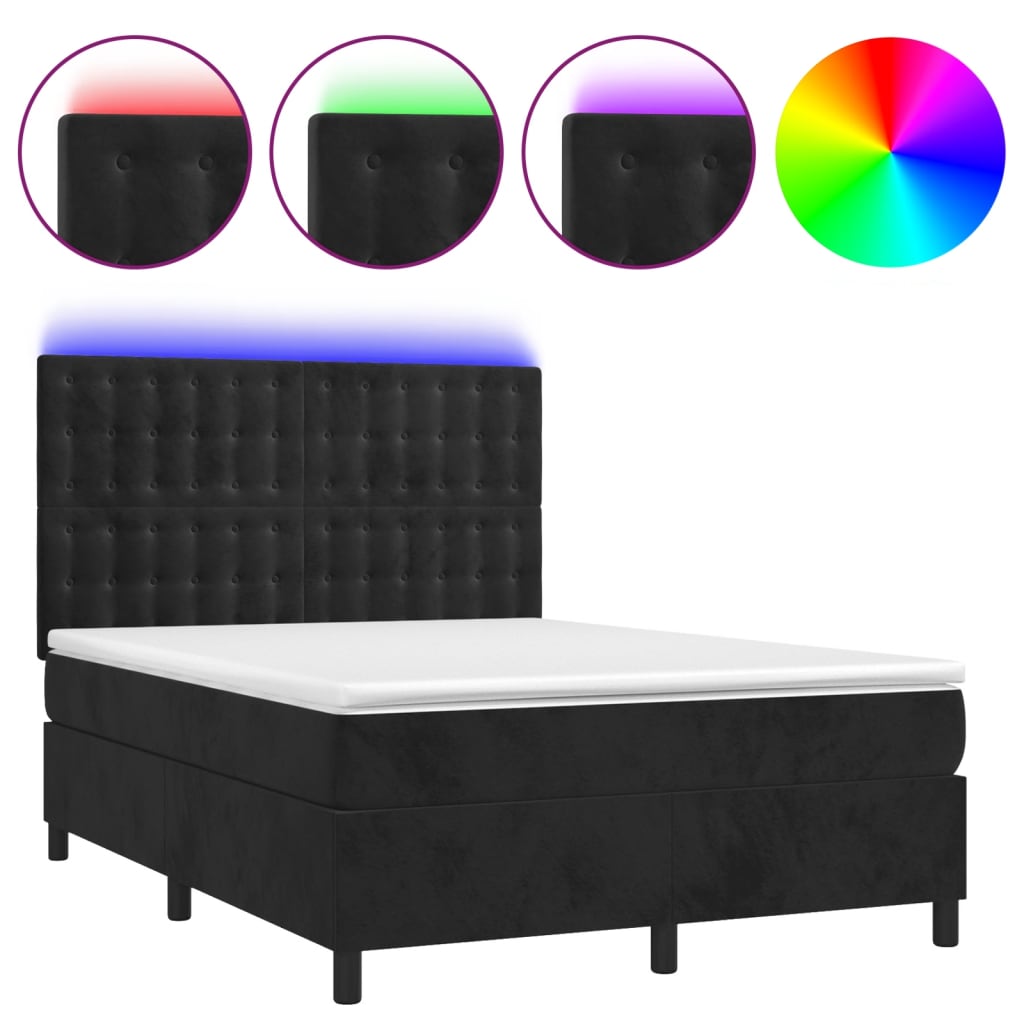 Krevet box spring s madracem LED crni 140x200 cm baršun