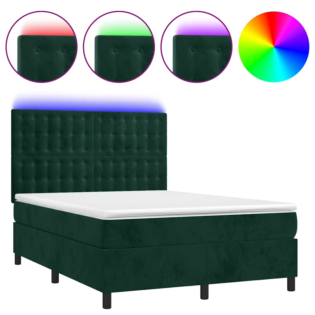Krevet box spring s madracem LED tamnozeleni 140x200 cm baršun