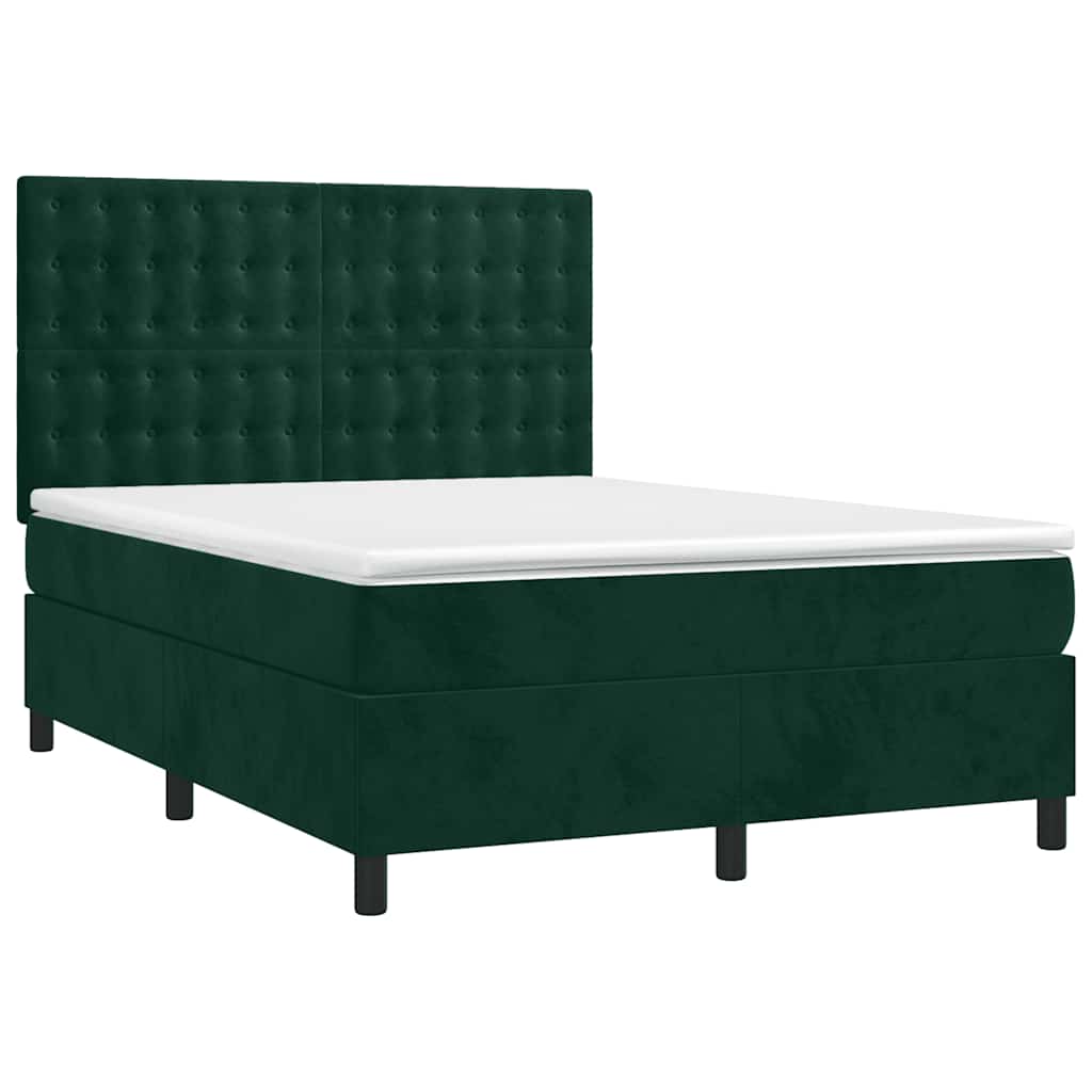 Krevet box spring s madracem LED tamnozeleni 140x200 cm baršun