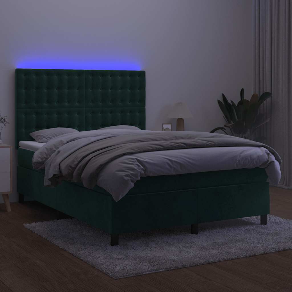 Krevet box spring s madracem LED tamnozeleni 140x200 cm baršun