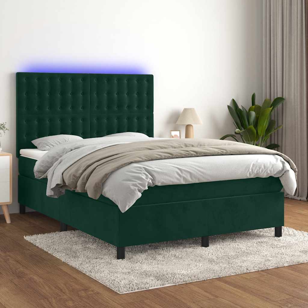 Krevet box spring s madracem LED tamnozeleni 140x200 cm baršun