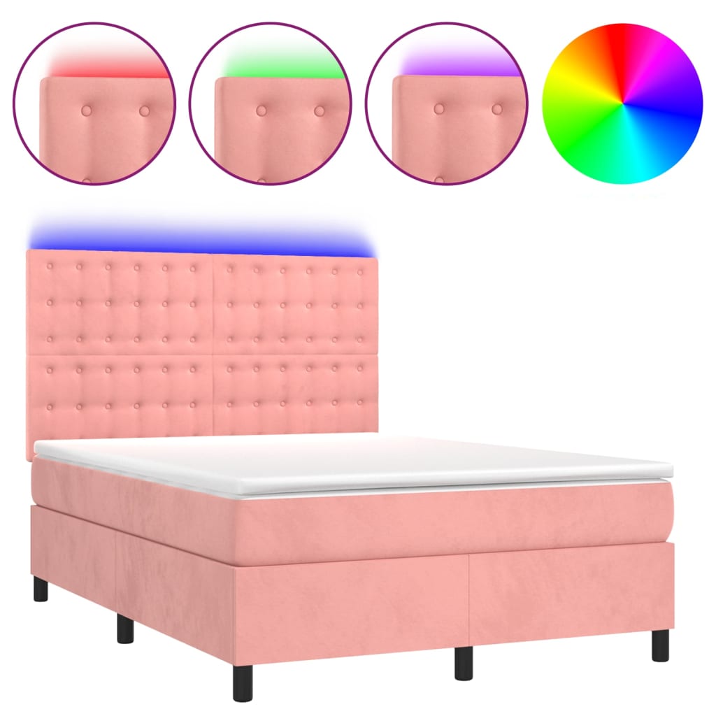 Krevet box spring s madracem LED ružičasti 140x200cm baršunasti