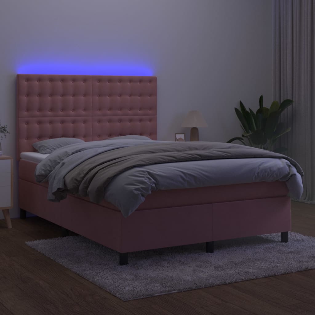 Krevet box spring s madracem LED ružičasti 140x200cm baršunasti