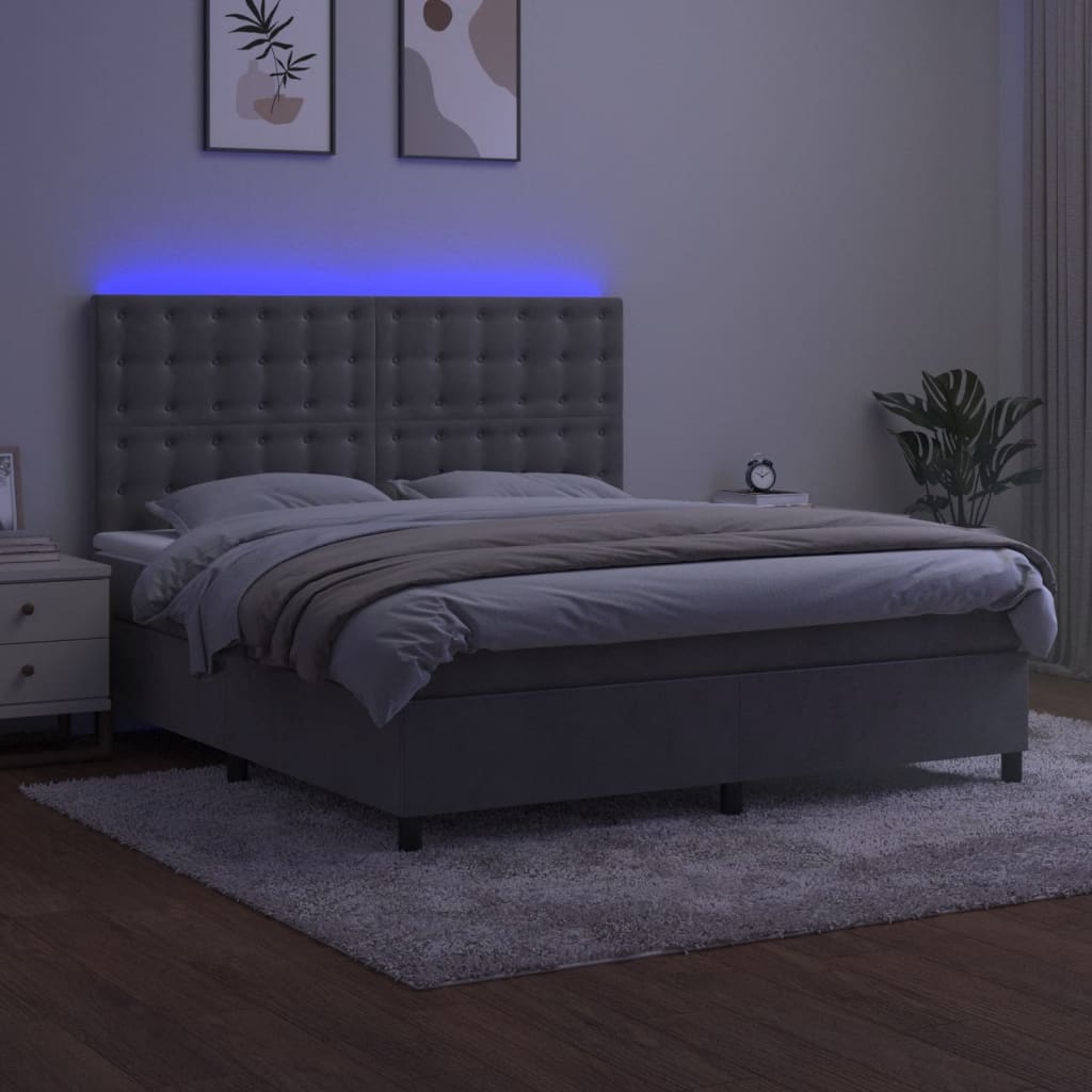 Krevet box spring s madracem LED svjetlosivi 160x200 cm baršun