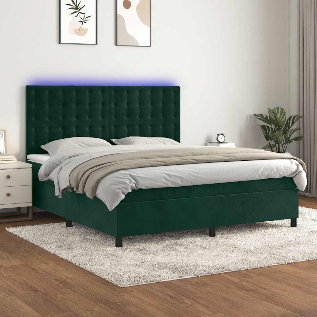 Krevet box spring s madracem LED tamnozeleni 160x200 cm baršun