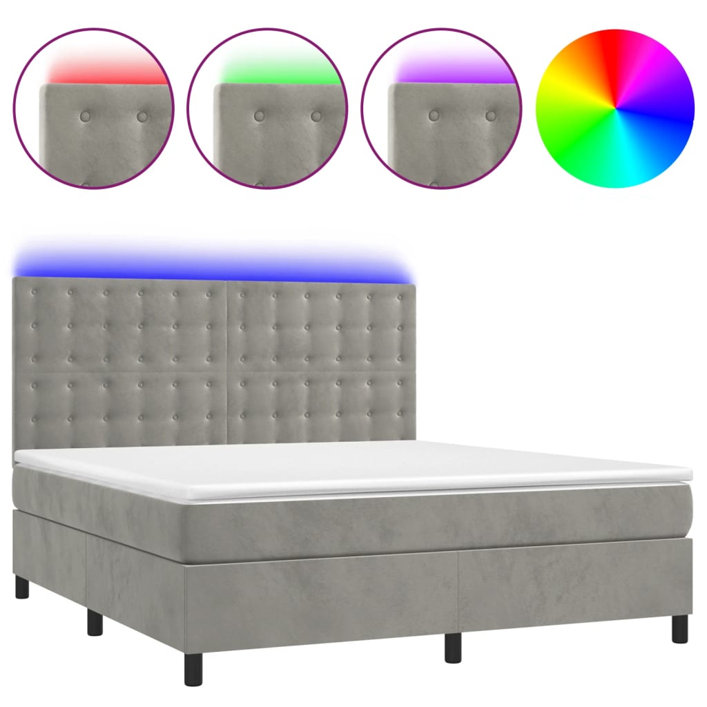Krevet box spring s madracem LED svjetlosivi 180x200 cm baršun