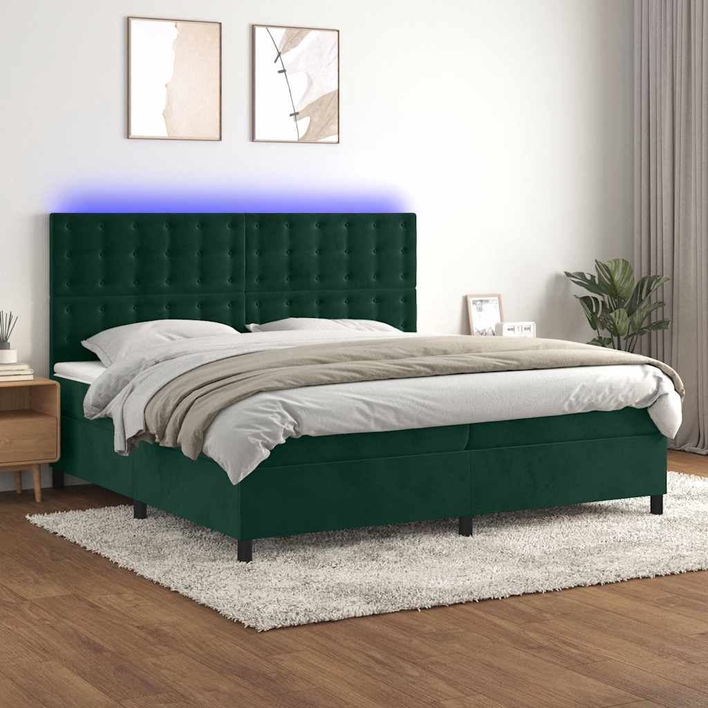 Krevet box spring s madracem LED tamnozeleni 200x200 cm baršun