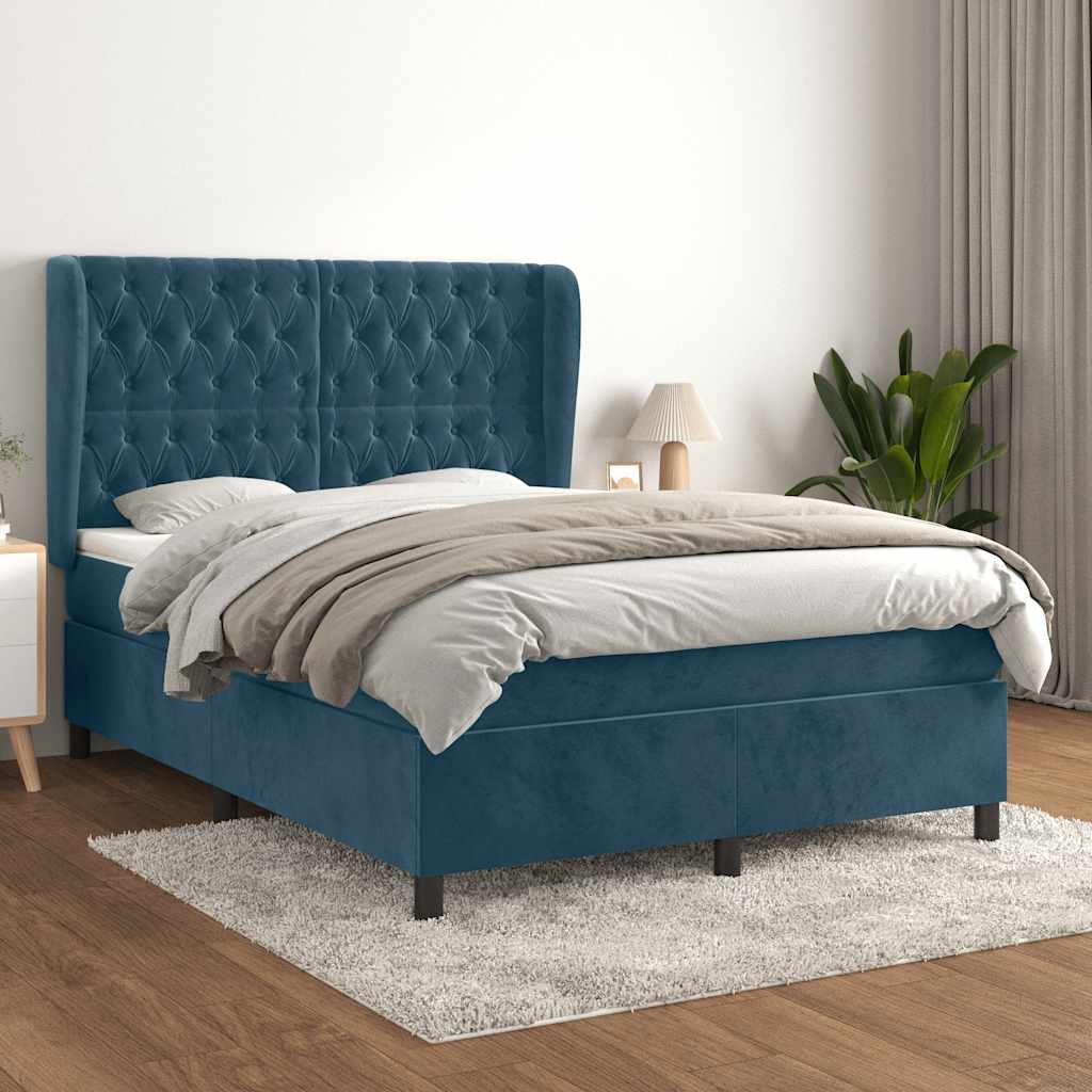 Krevet s oprugama i madracem tamnoplavi 140x190 cm baršunasti