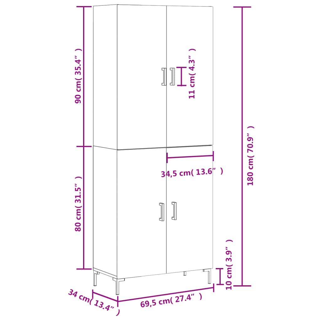 Visoka komoda siva betona 69,5x34x180 cm od konstruiranog drva