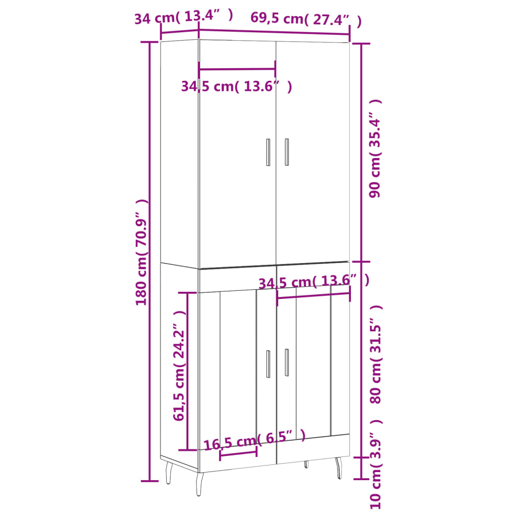 Visoka komoda siva sonome 69,5x34x180 cm od konstruiranog drva