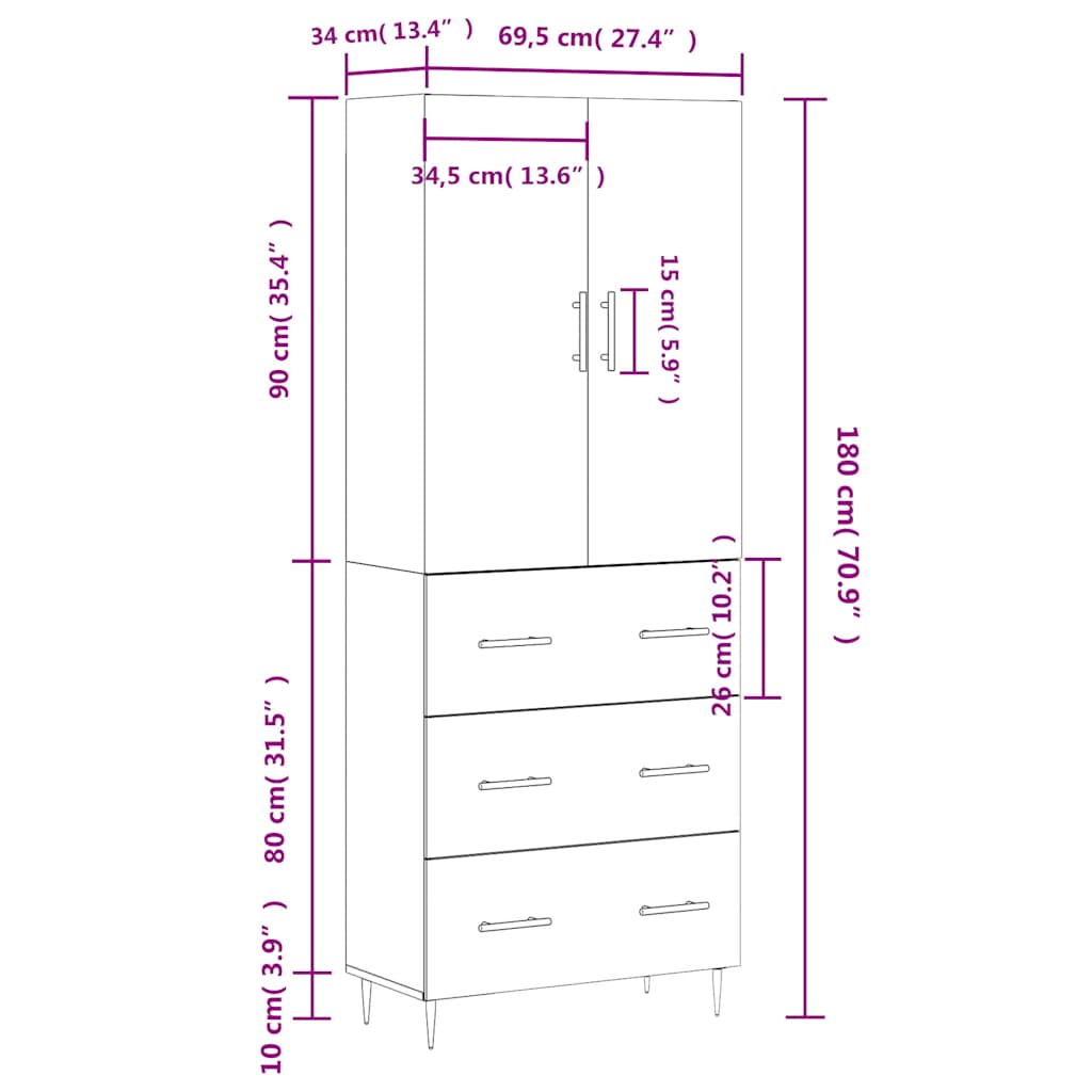 Visoka komoda siva sonome 69,5x34x180 cm od konstruiranog drva