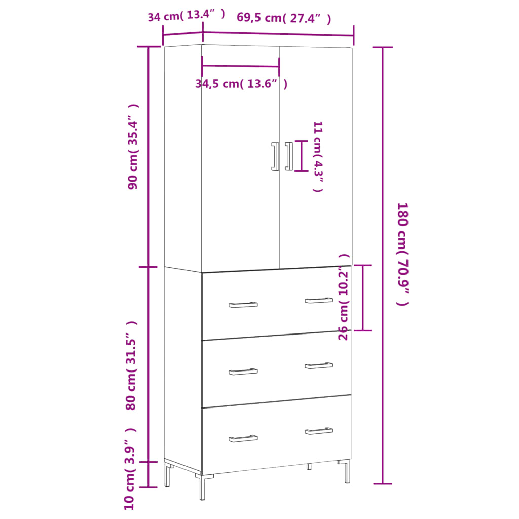 Visoka komoda hrasta sonome 69,5x34x180cm od konstruiranog drva
