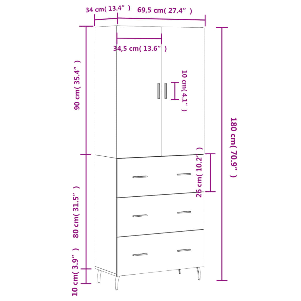 Visoka komoda siva sonome 69,5x34x180 cm od konstruiranog drva