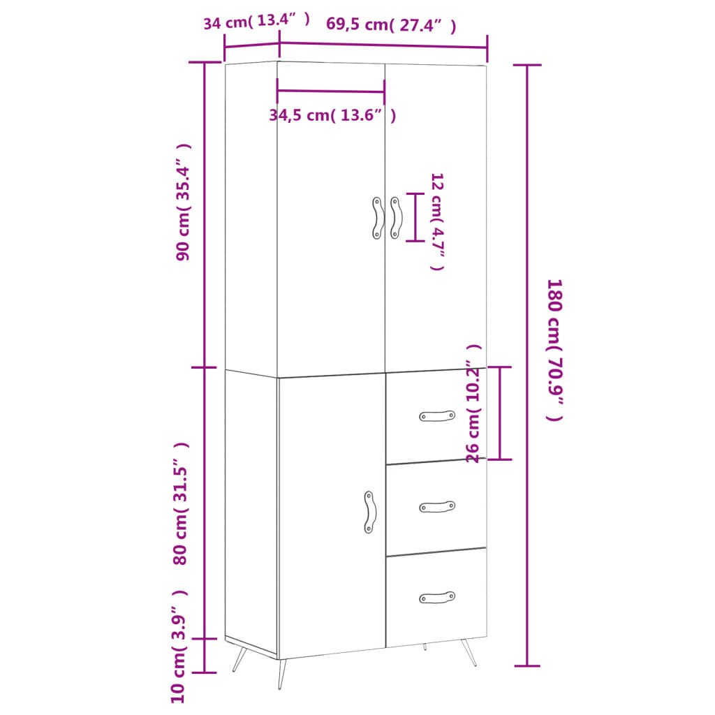 Visoka komoda siva betona 69,5x34x180 cm od konstruiranog drva