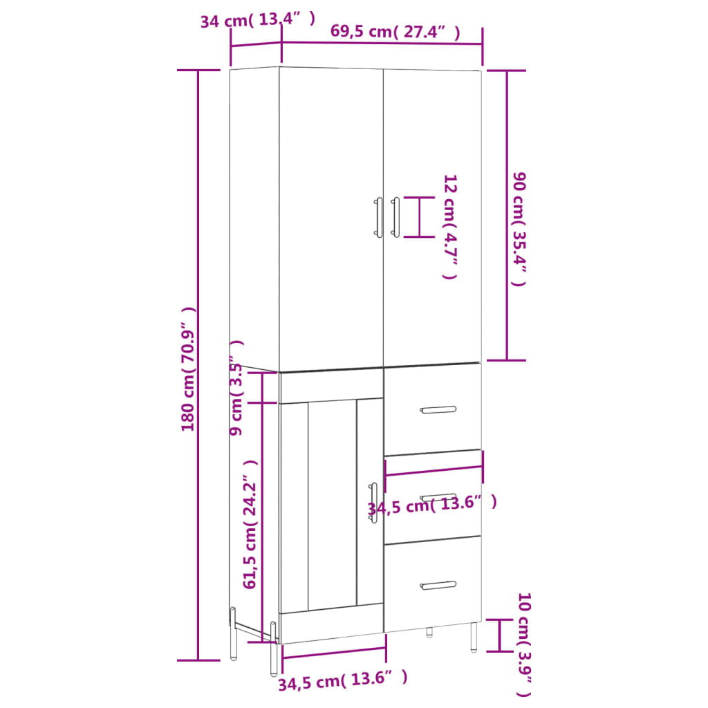 Visoka komoda siva sonome 69,5x34x180 cm od konstruiranog drva