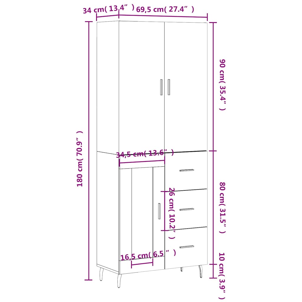 Visoka komoda dimljeni hrast 69,5x34x180 cm konstruiranog drva