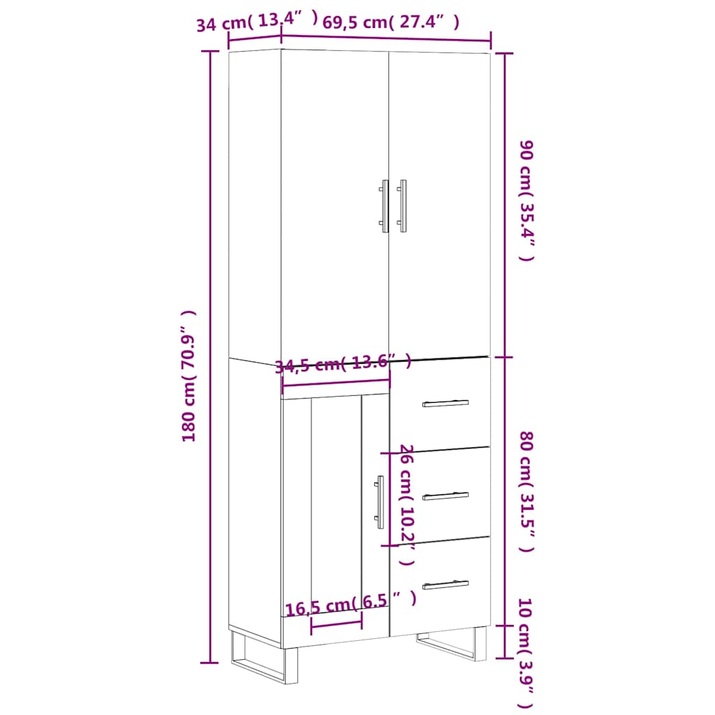 Visoka komoda dimljeni hrast 69,5x34x180 cm konstruiranog drva