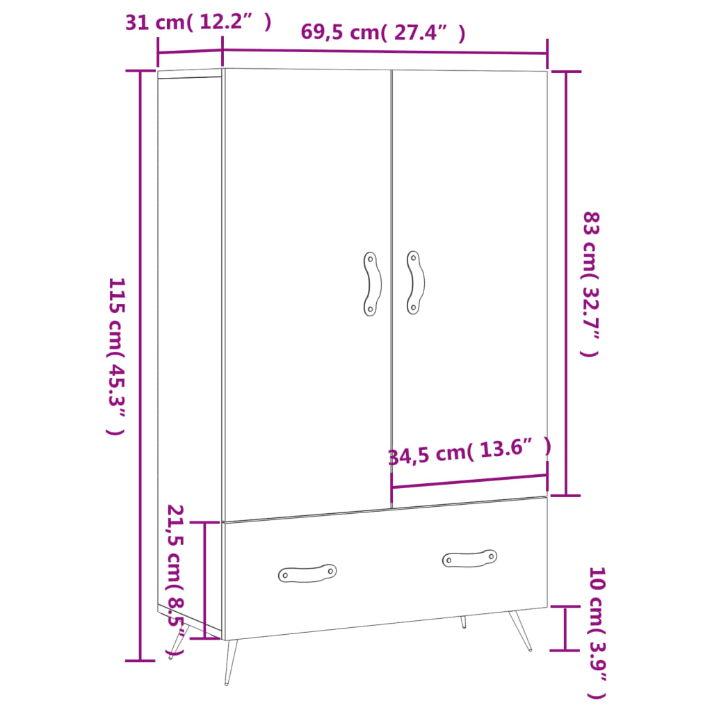 Visoka komoda boja betona 69,5 x 31 x 115 cm konstruirano drvo