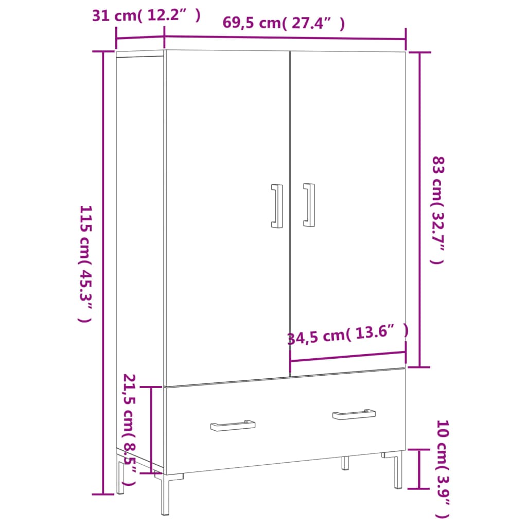 Visoka komoda sjajna bijela 69,5x31x115 cm konstruirano drvo