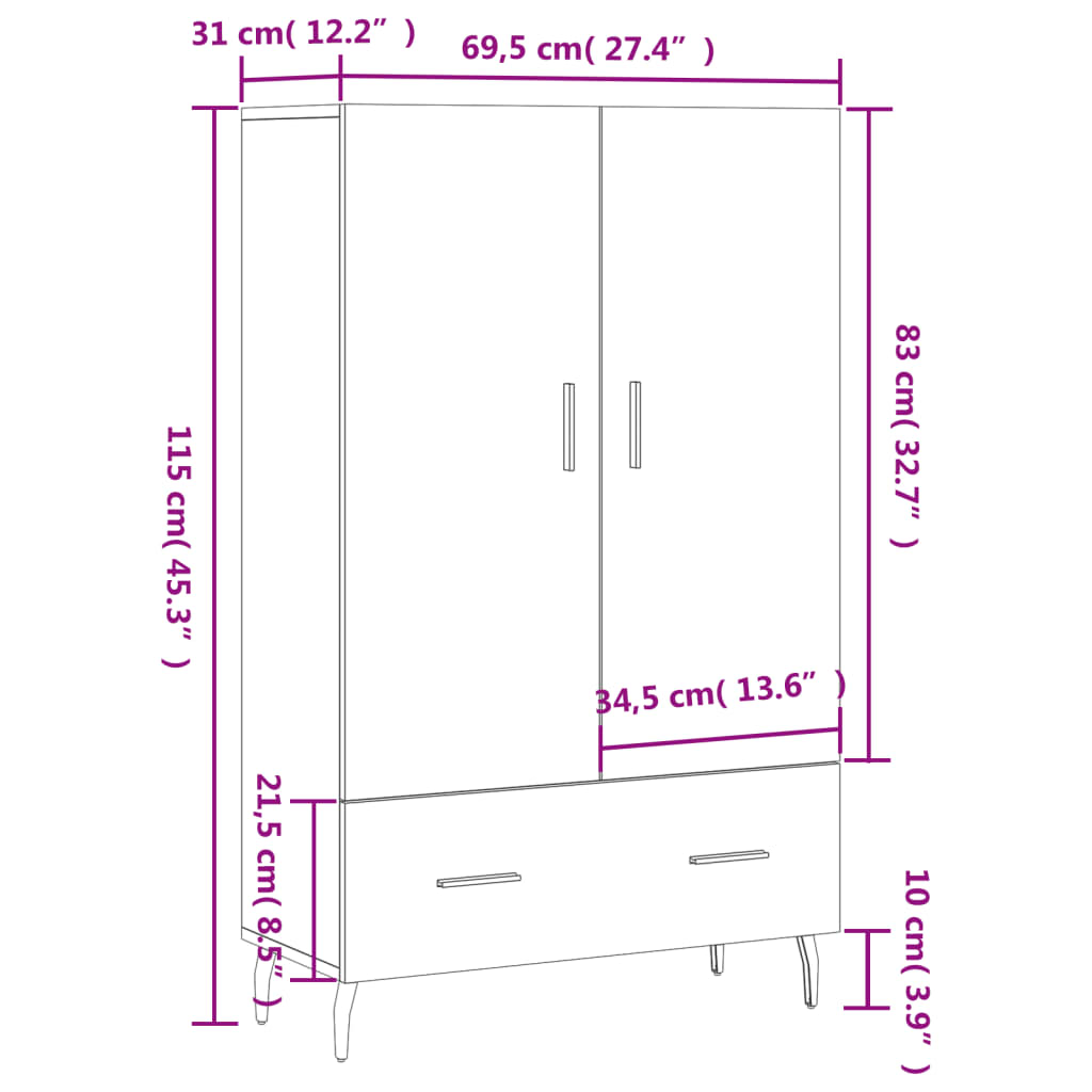 Visoka komoda boja betona 69,5 x 31 x 115 cm konstruirano drvo
