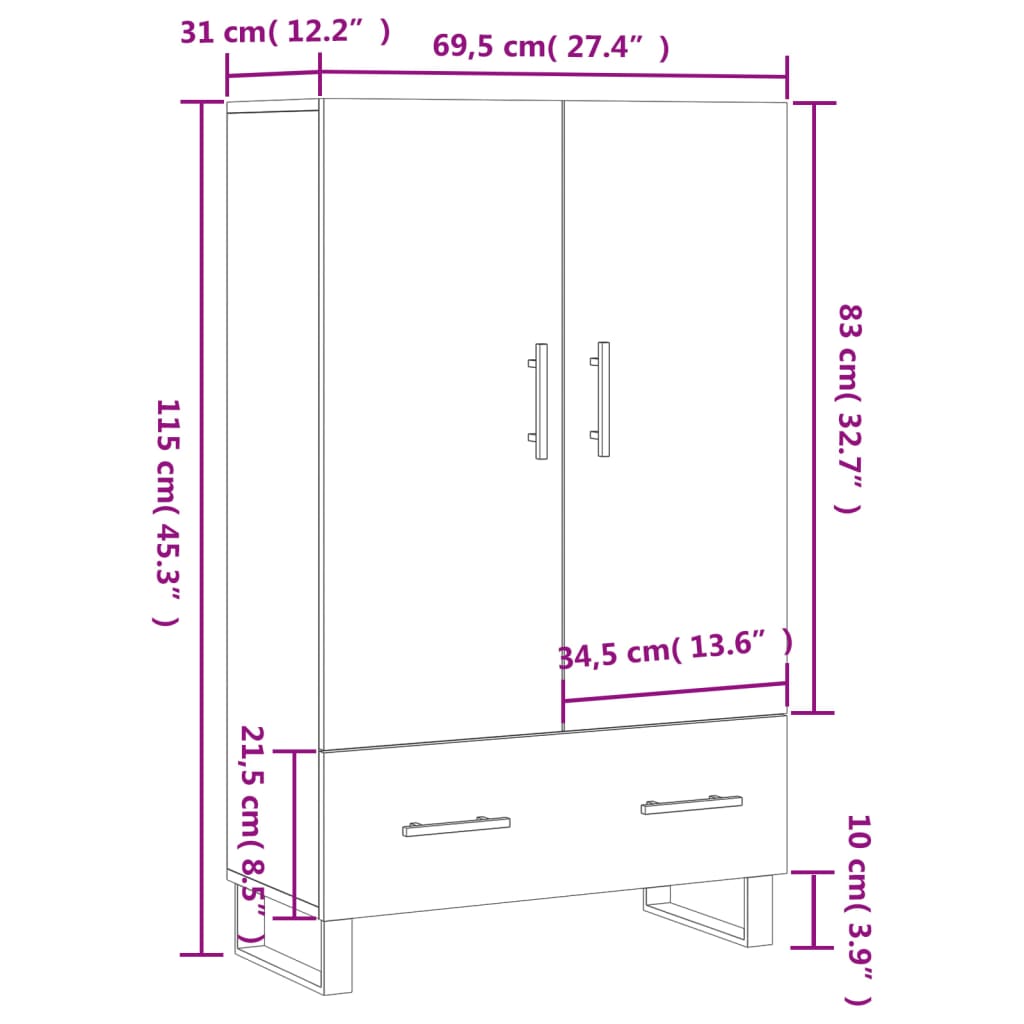 Visoka komoda boja hrasta 69,5 x 31 x 115 cm konstruirano drvo