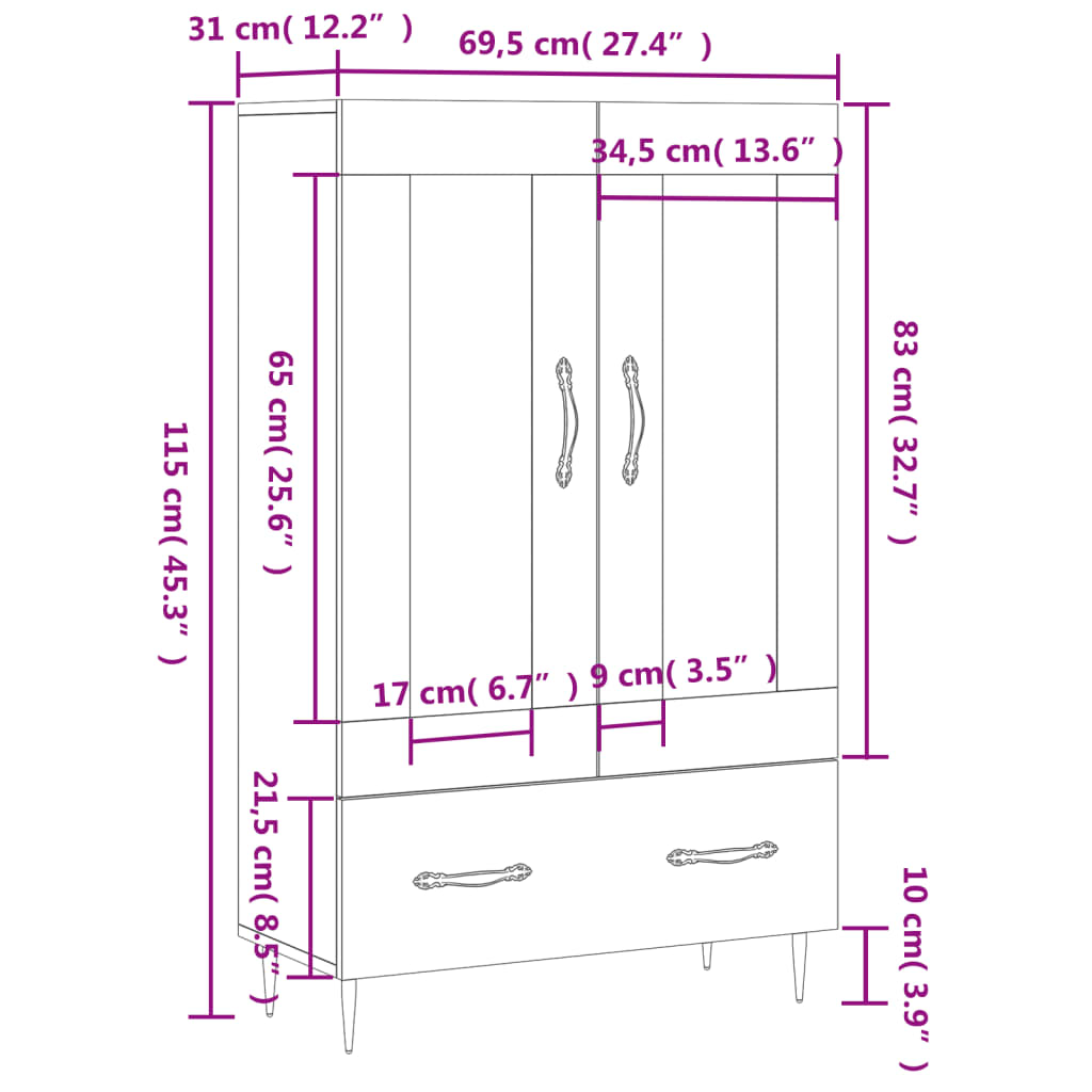 Visoka komoda boja betona 69,5 x 31 x 115 cm konstruirano drvo