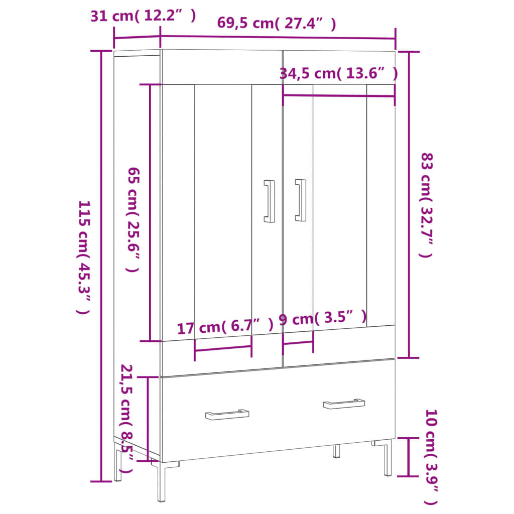 Visoka komoda boja hrasta 69,5 x 31 x 115 cm konstruirano drvo