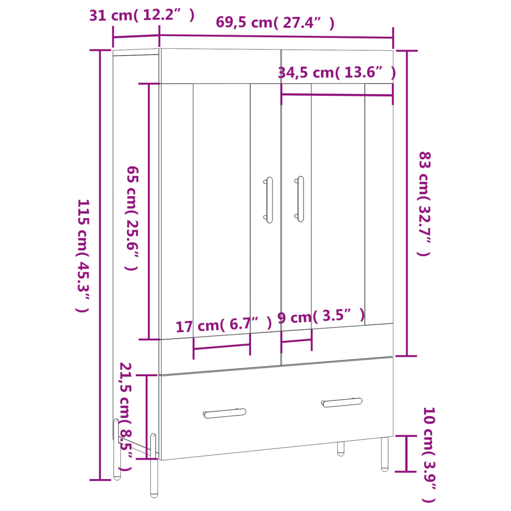 Visoka komoda siva boja hrasta 69,5x31x115 cm konstruirano drvo