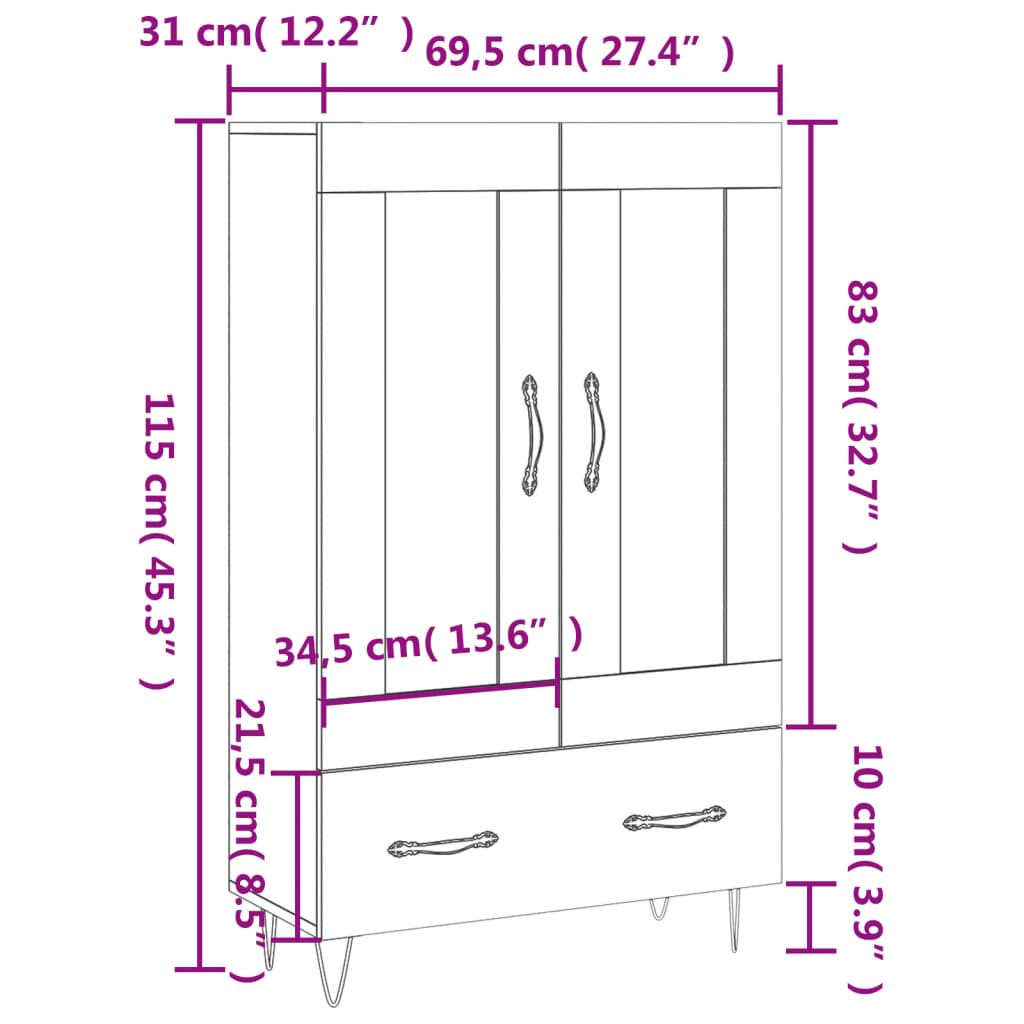 Visoka komoda siva boja hrasta 69,5x31x115 cm konstruirano drvo