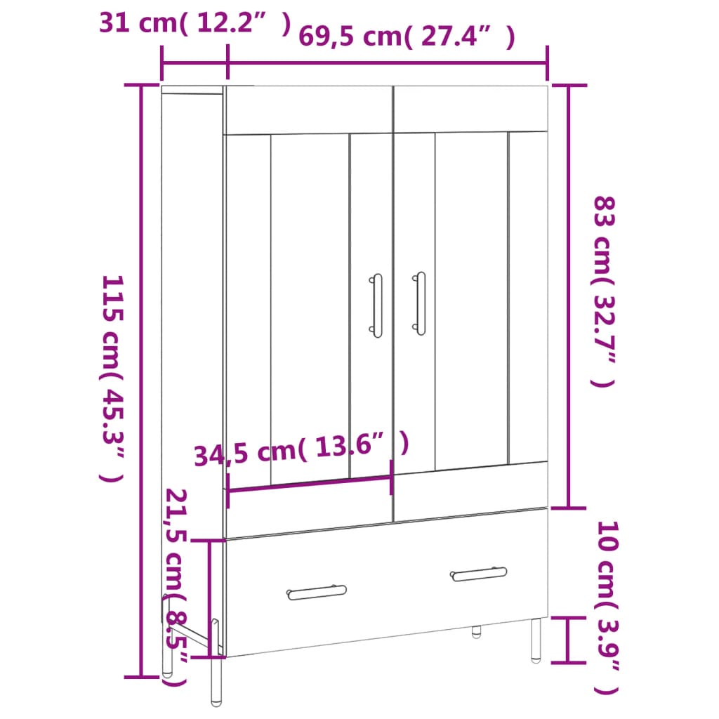 Visoka komoda sjajna bijela 69,5x31x115 cm konstruirano drvo