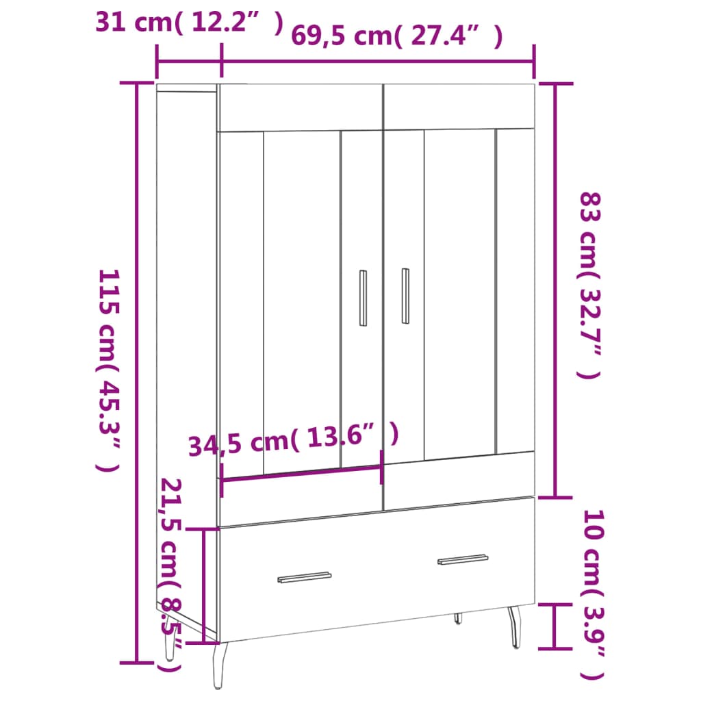 Visoka komoda boja hrasta 69,5 x 31 x 115 cm konstruirano drvo