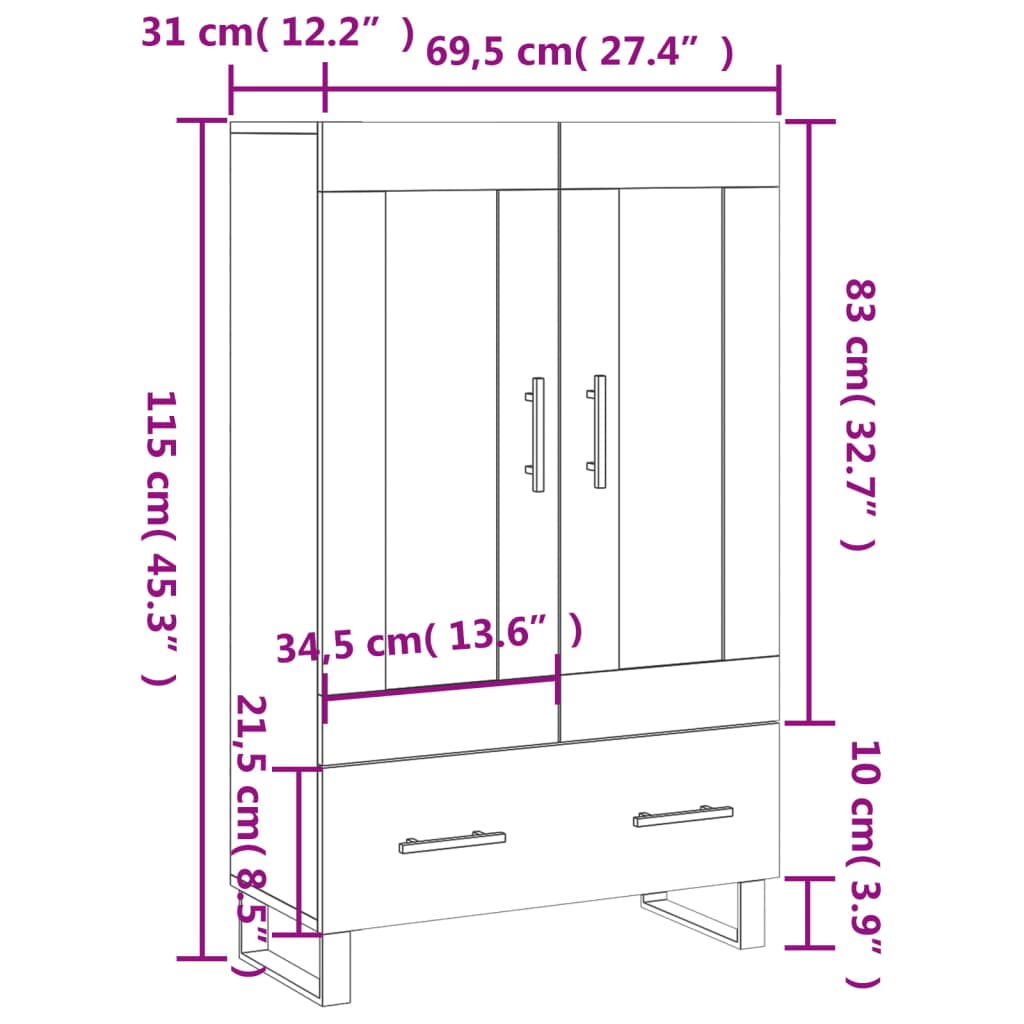 Visoka komoda boja hrasta 69,5 x 31 x 115 cm konstruirano drvo