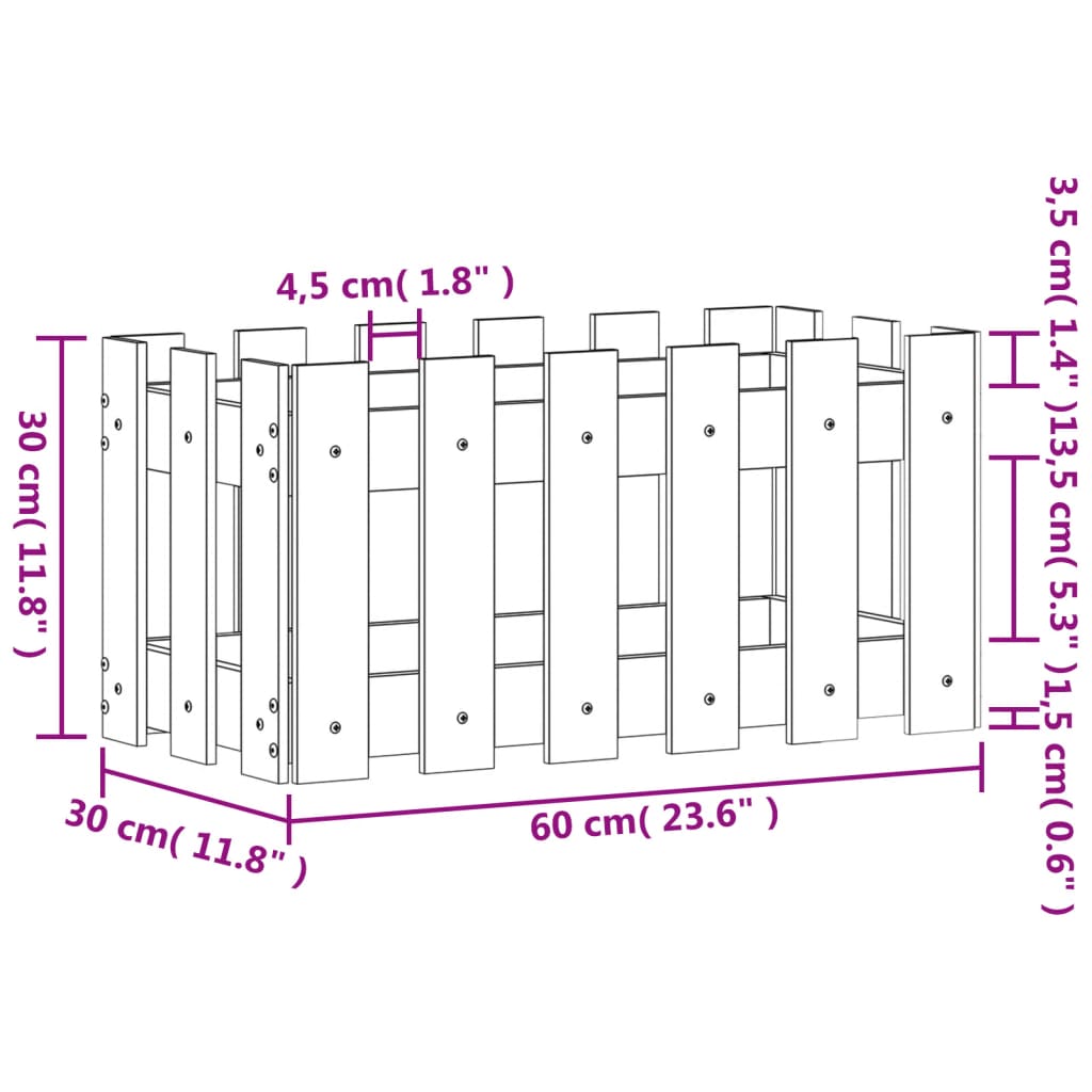 Vrtna sadilica s izgledom ograde bijela 60x30x30 cm od borovine