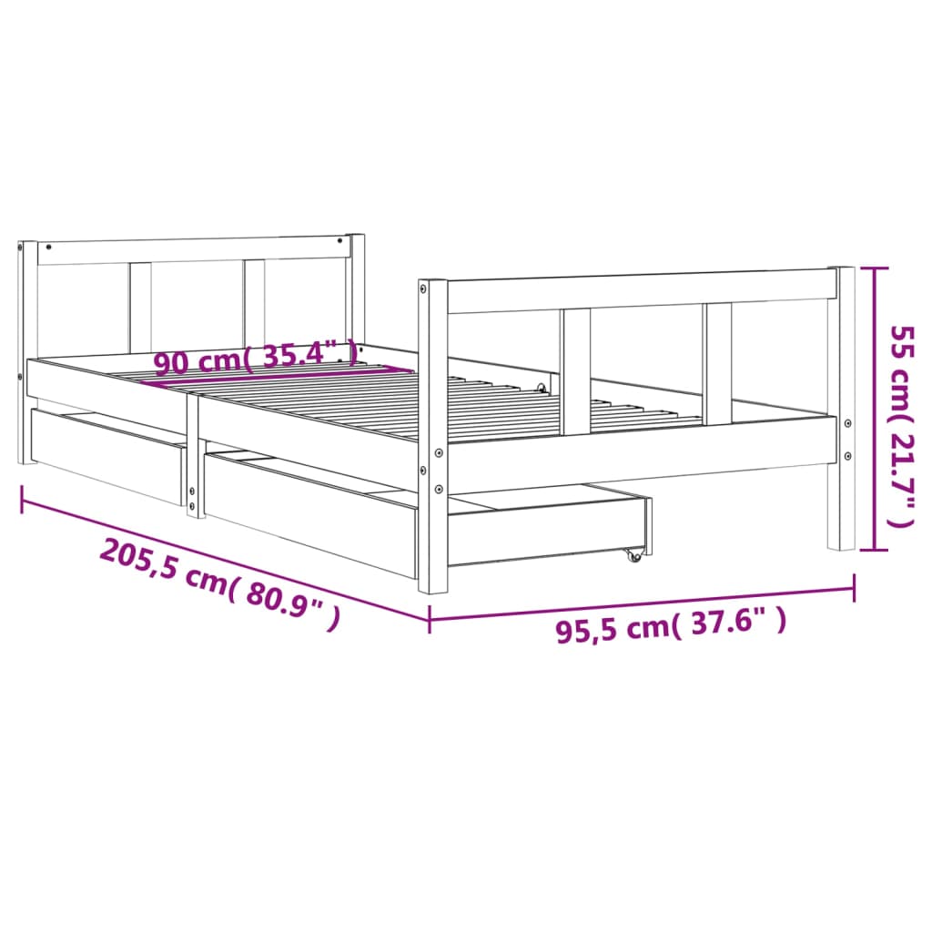 Okvir za dječji krevet s ladicama bijeli 90 x 200 cm borovina
