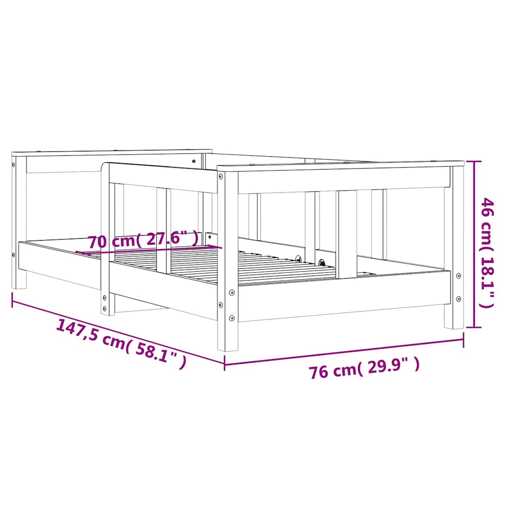Okvir za dječji krevet bijeli 70 x 140 cm od masivne borovine