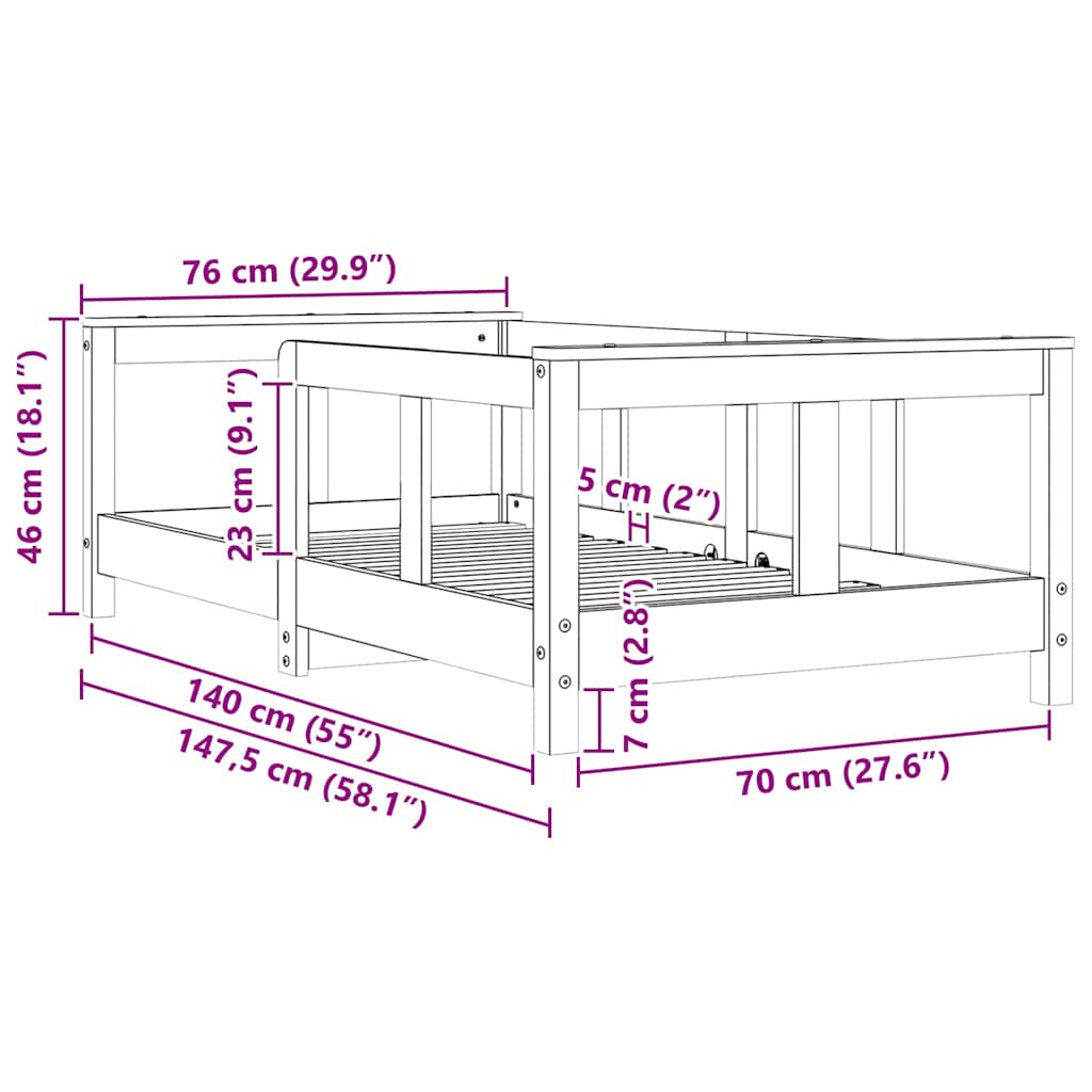 Okvir za dječji krevet bijeli 70 x 140 cm od masivne borovine