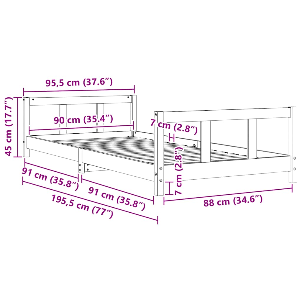 Okvir za dječji krevet 90 x 190 cm od masivne borovine