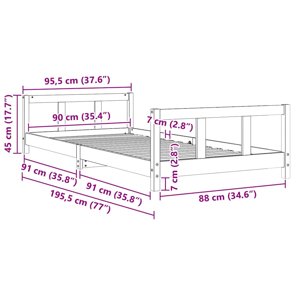 Okvir za dječji krevet bijeli 90 x 190 cm od masivne borovine