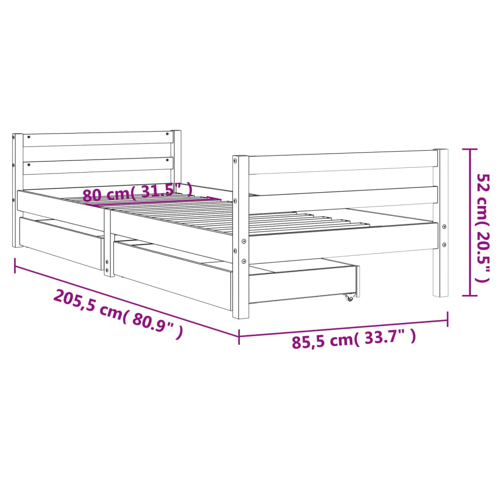 Okvir dječjeg kreveta s ladicama crni 80 x 200 cm od borovine
