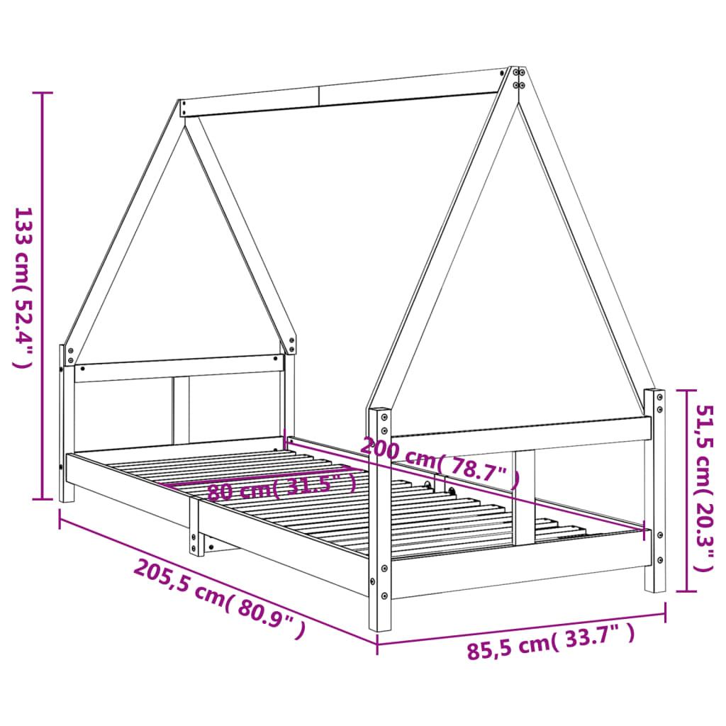 Okvir za dječji krevet crni 80 x 200 cm od masivne borovine