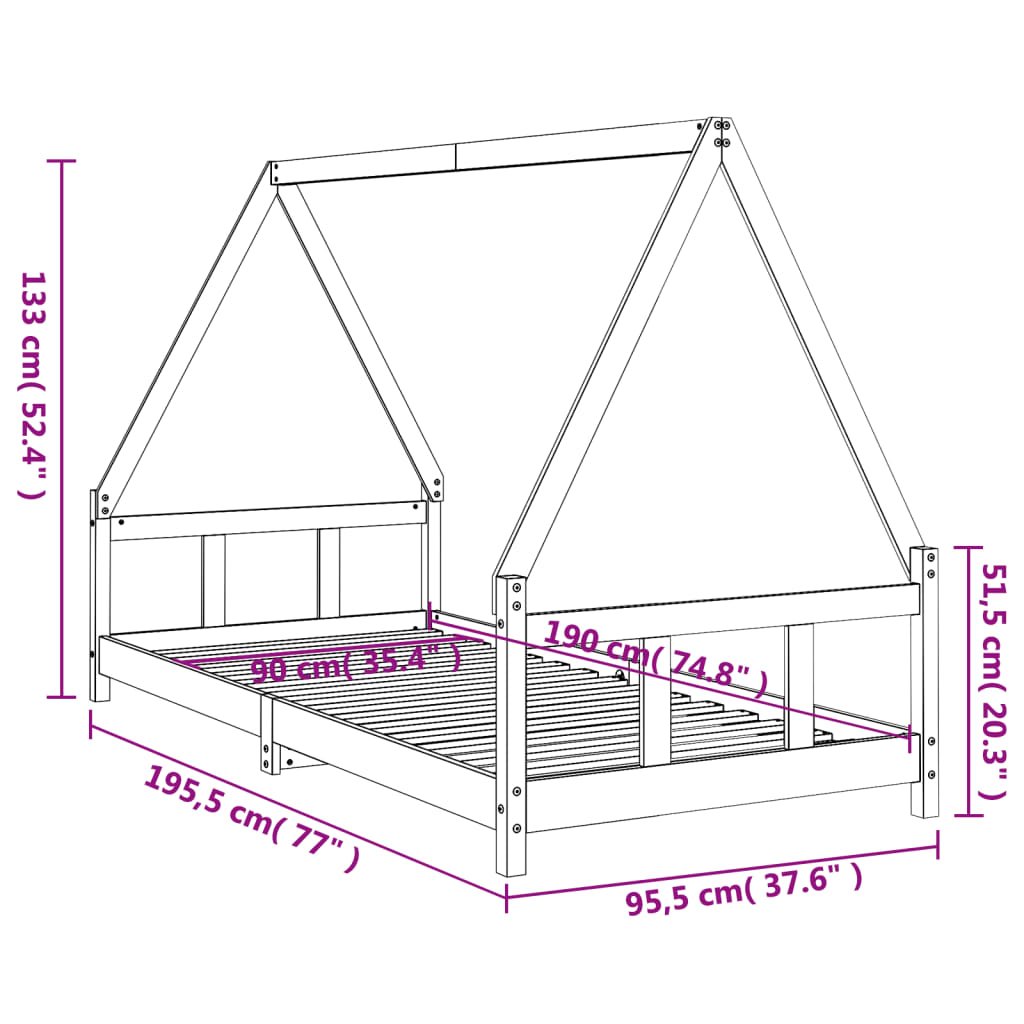 Okvir za dječji krevet 90 x 190 cm od masivne borovine