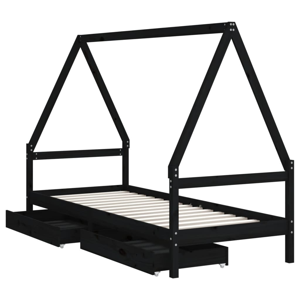 Okvir za dječji krevet s ladicama crni 90 x 200 cm od borovine