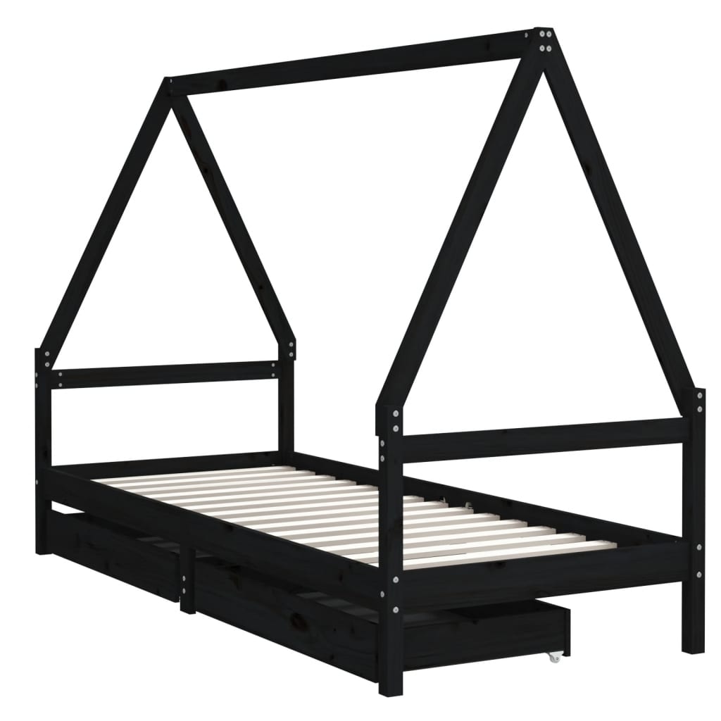 Okvir za dječji krevet s ladicama crni 90 x 190 cm od borovine