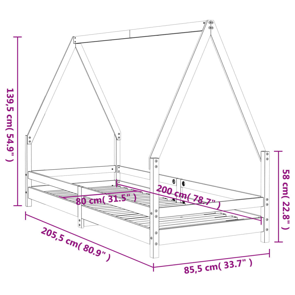 Okvir za dječji krevet bijeli 80 x 200 cm od masivne borovine