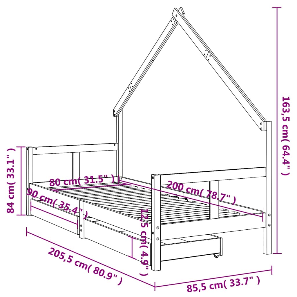 Okvir za dječji krevet s ladicama bijeli 80x200 cm od borovine