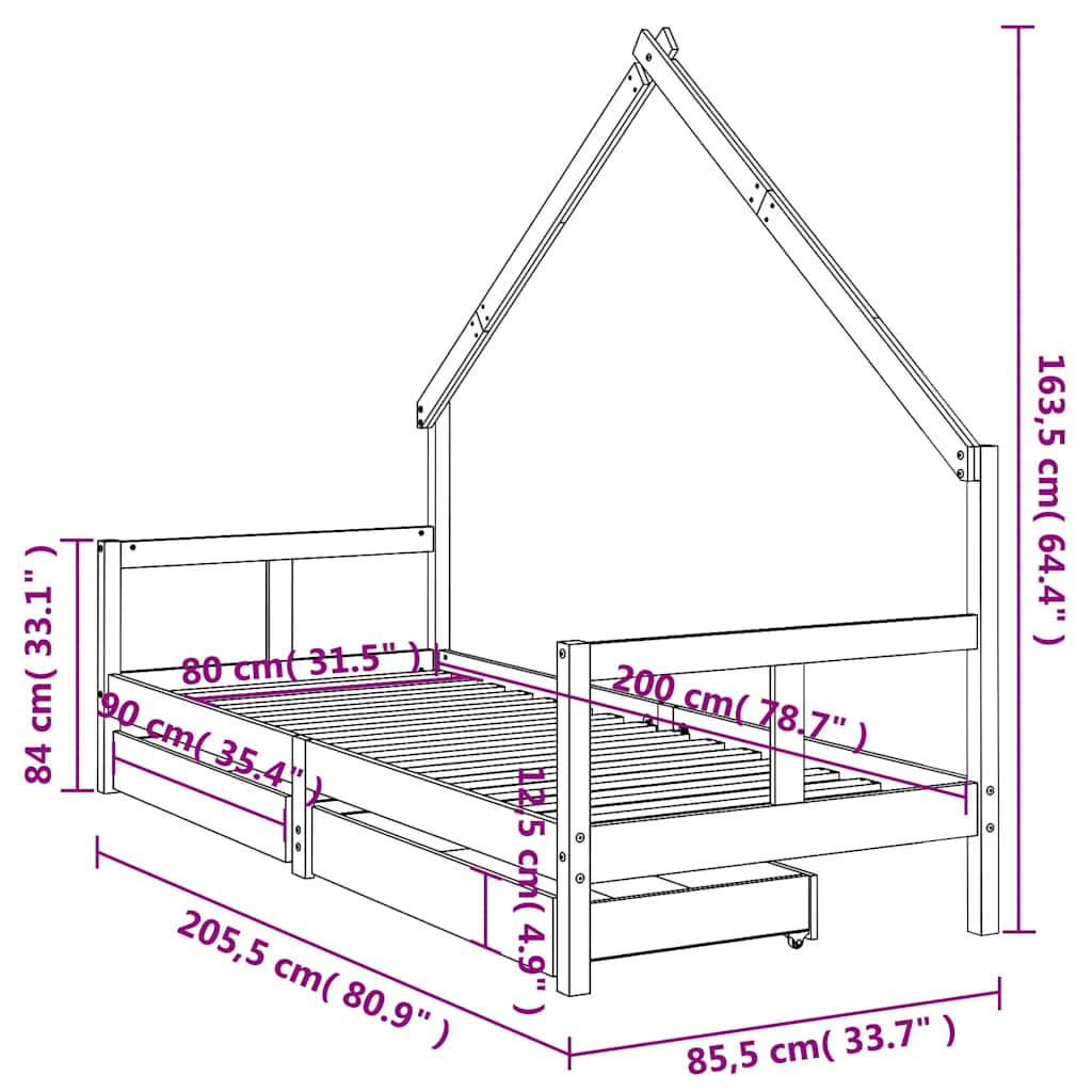 Okvir dječjeg kreveta s ladicama crni 80 x 200 cm od borovine