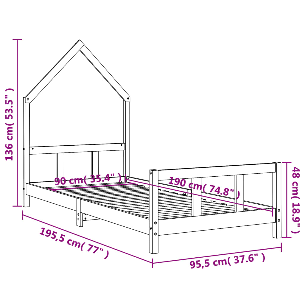 Okvir za dječji krevet bijeli 90 x 190 cm od masivne borovine